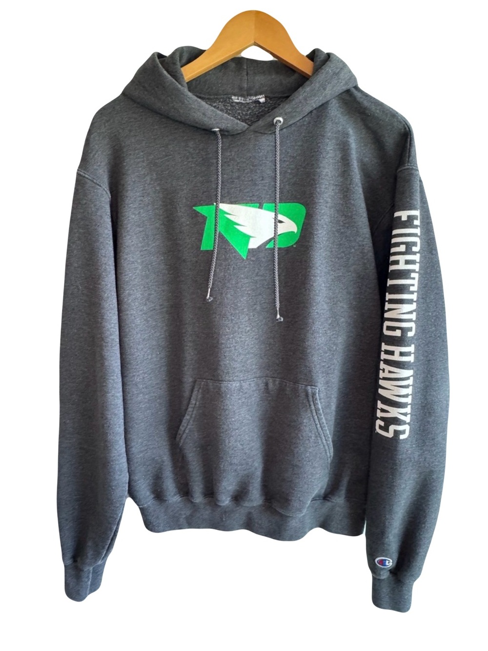 Champion Charcoal Hoodie with University of North Dakota Fighting Hawks Logo M